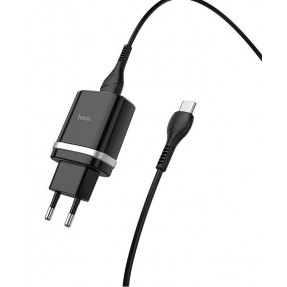 Мережевий зарядний пристрій Hoco C12Q 2в1 1USB/2.4A QC3.0 (чорний) + кабель Type-C
