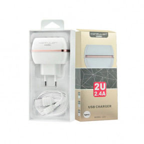 Мережевий зарядний пристрій Konfulon C23 2.4 A 2USB (білий) + кабель Type-C