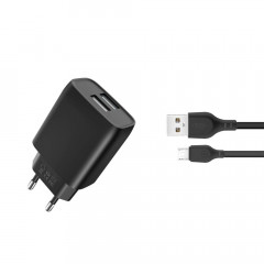 Мережевий зарядний пристрій XO (L57) 2в1 2.4A 2USB (чорний) + кабель Micro USB