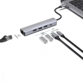 Type-C-хаб Proove Iron Link 5 in 1 (3*USB3.0 + Type-C +RJ45)  (Silver)