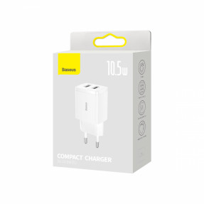 Мережевий зарядний пристрій Baseus Compact 2 USB 10.5W (CCXJ010202) White